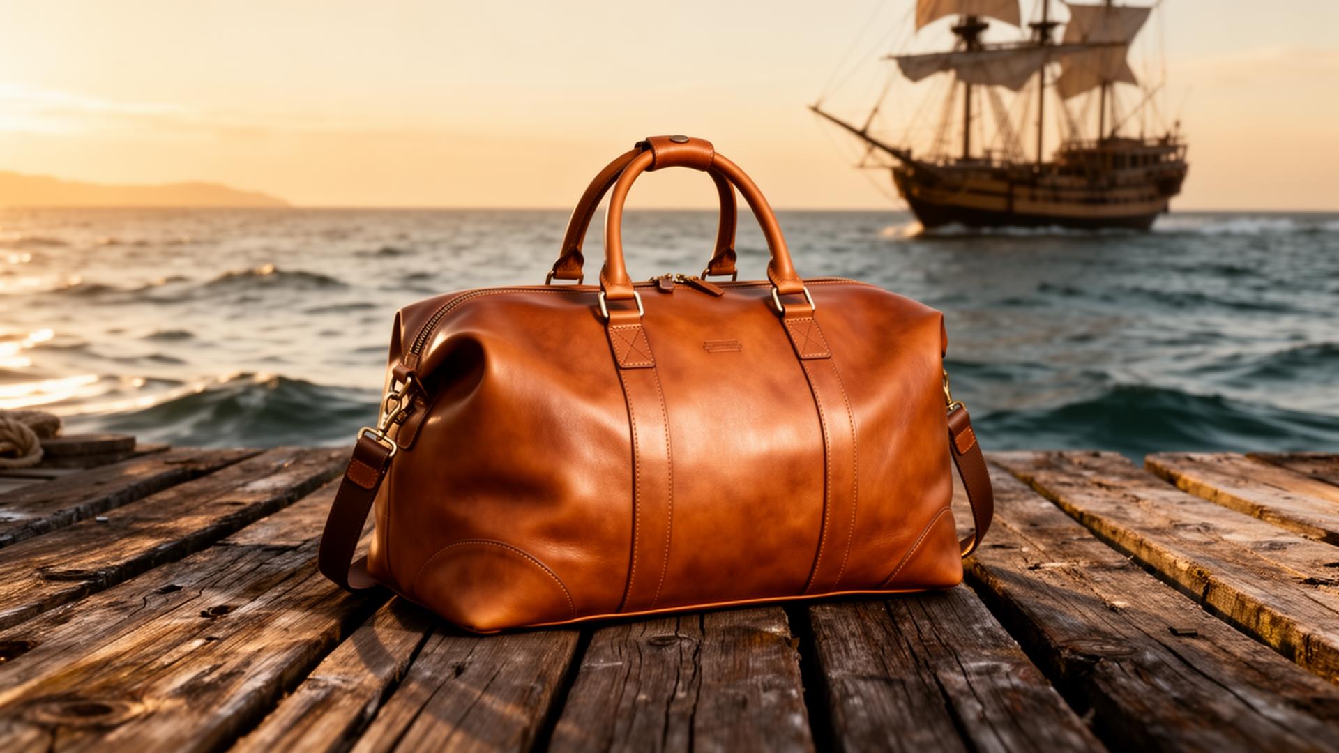 Leather weekender on dock with sailing ship